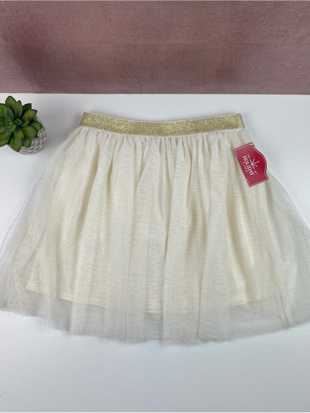Holiday Time Gold Cream Sparkle Metallic Glitter Tulle Skirt Girl Large 10-12